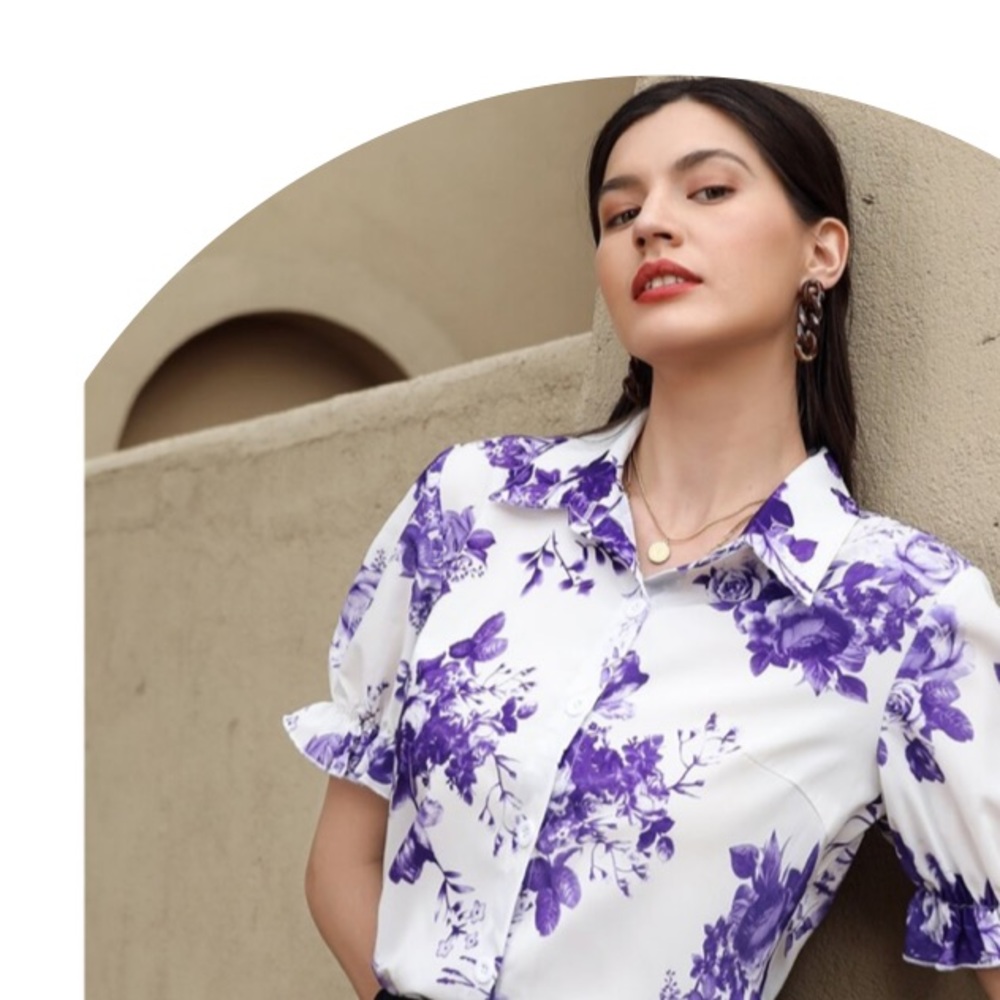 FRONT BUTTON V COLLAR WHITE BOHO CHIC RICH PURPLE LAVENDER FLOWER ACCENT BLOU…